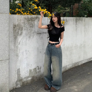 One-shoulder ribbon short-sleeved T-shirt