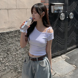 One-shoulder ribbon short-sleeved T-shirt