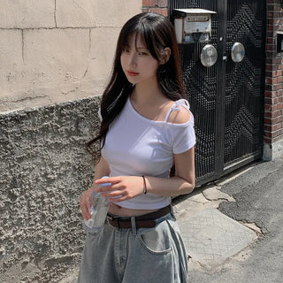 One-shoulder ribbon short-sleeved T-shirt