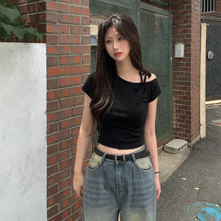 One-shoulder ribbon short-sleeved T-shirt