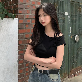 One-shoulder ribbon short-sleeved T-shirt