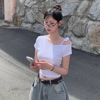One-shoulder ribbon short-sleeved T-shirt