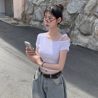 One-shoulder ribbon short-sleeved T-shirt