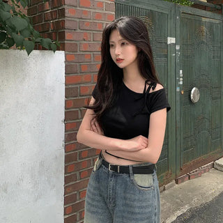 One-shoulder ribbon short-sleeved T-shirt