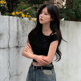 One-shoulder ribbon short-sleeved T-shirt