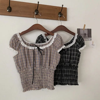 Shirred frill puff ribbon check short-sleeved blouse