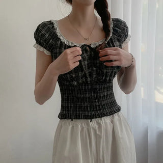 Shirred frill puff ribbon check short-sleeved blouse