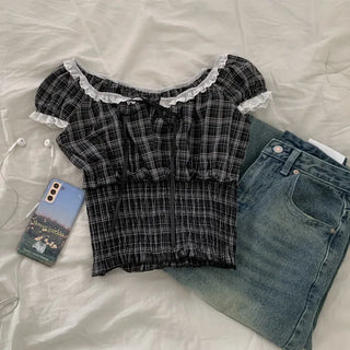 Shirred frill puff ribbon check short-sleeved blouse