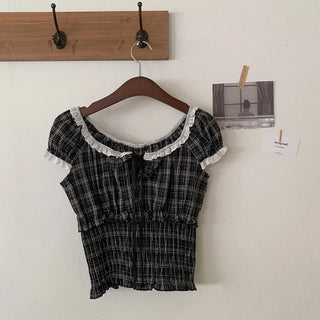 Shirred frill puff ribbon check short-sleeved blouse