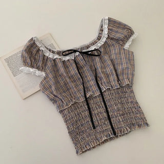 Shirred frill puff ribbon check short-sleeved blouse
