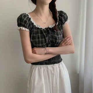 Shirred frill puff ribbon check short-sleeved blouse