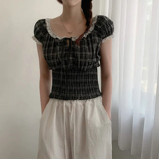 Shirred frill puff ribbon check short-sleeved blouse