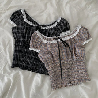 Shirred frill puff ribbon check short-sleeved blouse