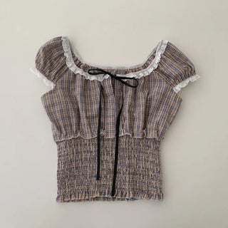 Shirred frill puff ribbon check short-sleeved blouse