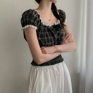 Shirred frill puff ribbon check short-sleeved blouse