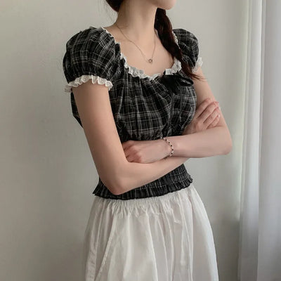 Shirred frill puff ribbon check short-sleeved blouse