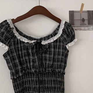 Shirred frill puff ribbon check short-sleeved blouse