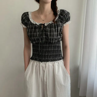 Shirred frill puff ribbon check short-sleeved blouse
