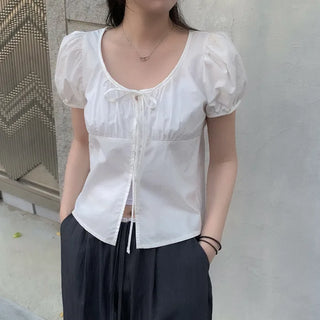 Puff Shirring Ribbon Round Neck Blouse