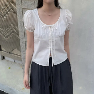Puff Shirring Ribbon Round Neck Blouse