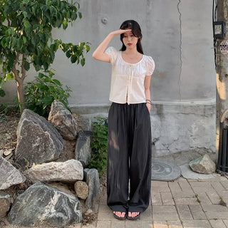 Puff Shirring Ribbon Round Neck Blouse