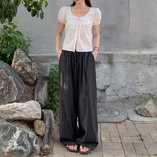 Puff Shirring Ribbon Round Neck Blouse