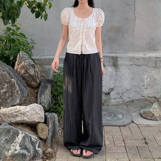 Puff Shirring Ribbon Round Neck Blouse