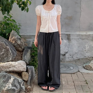 Puff Shirring Ribbon Round Neck Blouse