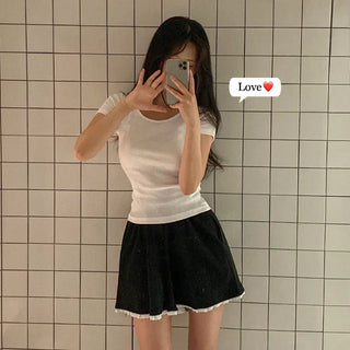 Elastic wide-leg lace A-line shorts