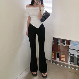 Short-sleeved off-shoulder cropped asymmetrical T-shirt