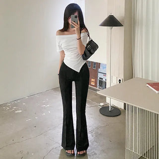 Short-sleeved off-shoulder cropped asymmetrical T-shirt