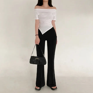 Short-sleeved off-shoulder cropped asymmetrical T-shirt