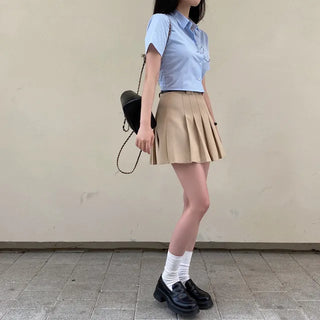 [Belt set/Pants-style lining included] Pleated mini A-line belted cotton skirt