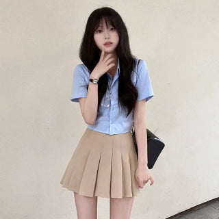 Cropped Elastic Slim Cotton Short-Sleeve Shirt