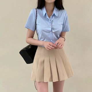 Cropped Elastic Slim Cotton Short-Sleeve Shirt