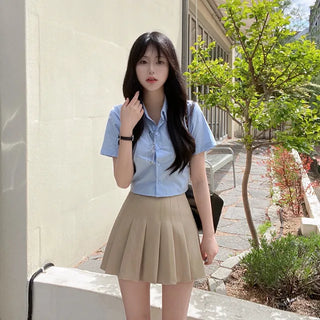 Cropped Elastic Slim Cotton Short-Sleeve Shirt