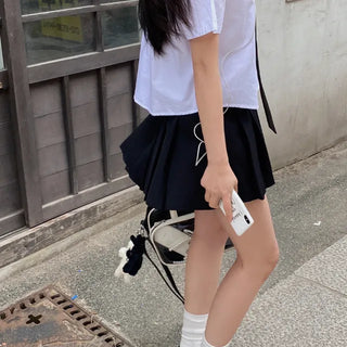 [Belt set/Pants-style lining included] Pleated mini A-line belted cotton skirt