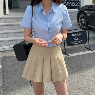 [Belt set/Pants-style lining included] Pleated mini A-line belted cotton skirt
