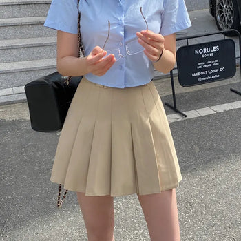 [Belt set/Pants-style lining included] Pleated mini A-line belted cotton skirt