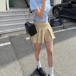 [Belt set/Pants-style lining included] Pleated mini A-line belted cotton skirt