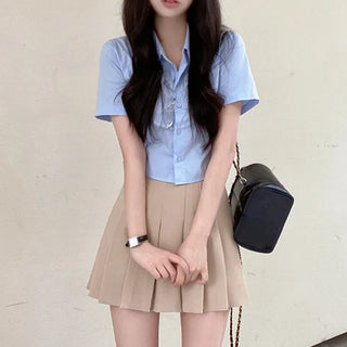 [Belt set/Pants-style lining included] Pleated mini A-line belted cotton skirt