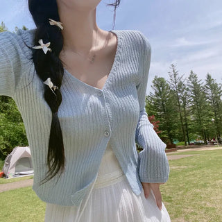 V-neck sheer knit cropped cardigan