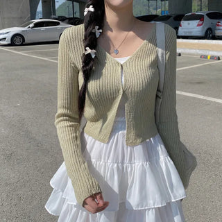 V-neck sheer knit cropped cardigan