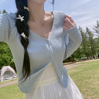 V-neck sheer knit cropped cardigan