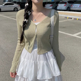 V-neck sheer knit cropped cardigan