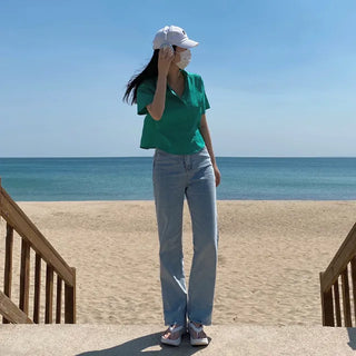 Cropped white loose-fit short-sleeve shirt