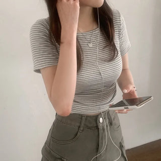 Striped Slim Shirred Short-Sleeve T-Shirt