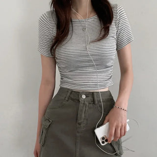 Striped Slim Shirred Short-Sleeve T-Shirt