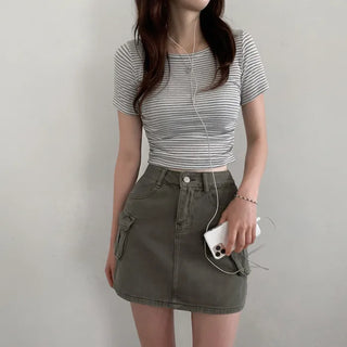 Striped Slim Shirred Short-Sleeve T-Shirt