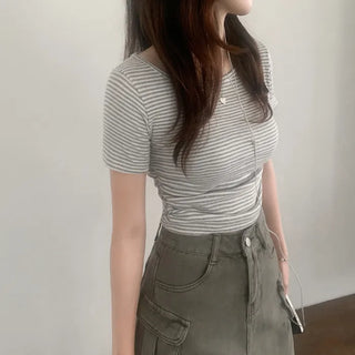 Striped Slim Shirred Short-Sleeve T-Shirt